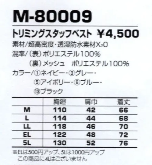 コーコス信岡 M-80009 トリミングスタッフベスト すぐれた撥水・防水性とムレのない透湿性を備えたハイテクウエア。 サイズ／スペック