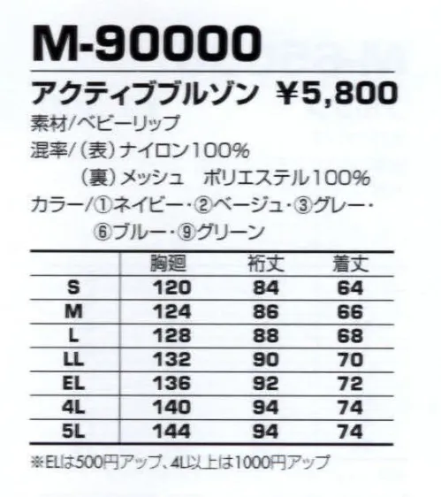 コーコス信岡 M-90000 アクティブブルゾン 薄地で高強度なリップ素材を使用。裏メッシュで肌触りも快適。 サイズ／スペック