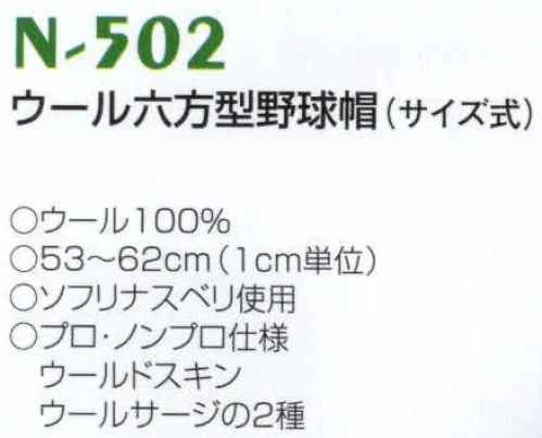 ナショナルハット N-502 ウール六方型野球帽（サイズ式）（受注生産） ウールドスキン、ウールサージの2種より選べます。●ウールドスキン:しっかりめの生地●ウールサージ:やわらかめの生地※商品は「無地」となります。ご希望の生地を、清算画面にございます「通信欄」または「備考欄」にご入力ください。※この商品は受注生産品となっております。ご注文後のキャンセル・返品・交換ができませんので、ご注意下さいませ。※受注生産品のお支払方法は、先振込（代金引換以外）にて承り、ご入金確認後の手配となります。 サイズ／スペック