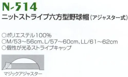 ナショナルハット N-514 ニットストライプ六方型野球帽（アジャスター式） 個性が光るストライプキャップです。微妙なサイズ調節可能なマジックアジャスター方式でピッタリフィット。※商品は「無地ストライプ」となります。 サイズ／スペック