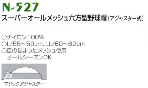 ナショナルハット N-527 スーパーオールメッシュ六方型野球帽（アジャスター式） 目の詰まったメッシュ使用、オールシーズンOK。微妙なサイズ調節可能なマジックアジャスター方式でピッタリフィット。※商品は「無地」となります。 サイズ／スペック