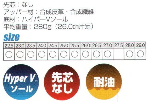日進ゴム 700 Hyper V#700 フロアシューズ フロア用シューズHyper V®ハイパーVソールハイパーVソール三大特徴●滑りにくさ従来の2.5倍ハイパーVソールは、高い防滑性能（独立行政法人労働安全衛生総合研究所技術指針に定める耐滑性能最高区分5をクリア）を有しております。その性能は、特に水・油・石鹸水等で濡れた路面上で効果を発揮します。動摩擦係数0.3以上（区分5）●すり減りにくい外底特殊なすり減りにくい強固なソールですので、従来と比べて断然長持ちします。●静摩擦から動摩擦への移行がスムーズで転倒しにくい従来品のソールだと、摩擦が「静」から「動」に移行するときに大きな変動が生じるため、いわゆるスリップでの転倒の危険性が高いのに比べ、ハイパーVソールでは摩擦形成曲線が安定しており、その後もスムーズな移行が見られ、転倒事故の危険性が少なくなります。※この商品はご注文後のキャンセル、返品及び交換は出来ませんのでご注意下さい。※なお、この商品のお支払方法は、先振込（代金引換以外）にて承り、ご入金確認後の手配となります。 サイズ／スペック