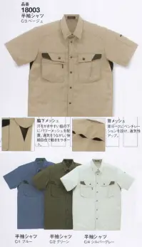 大川被服 18003 半袖シャツ（D1-18003） 爽やかに動きやすさを満喫する。汗をかきやすい脇の下にパワーメッシュを配置。通気をうながし、伸縮自在で動きをサポート。背ヨークにベンチレーションを設け、通気性をアップ。立体感のある校倉造り構造で肌と生地の接触が少ないのでサラッとした着心地。校倉造り構造により、通気性がよく、熱がこもらない（TCウエザーに比べ通気性は約三倍）。しわになりにくく、優れた寸法安定性。 ※この素材はグッドデザイン賞受賞商品です。