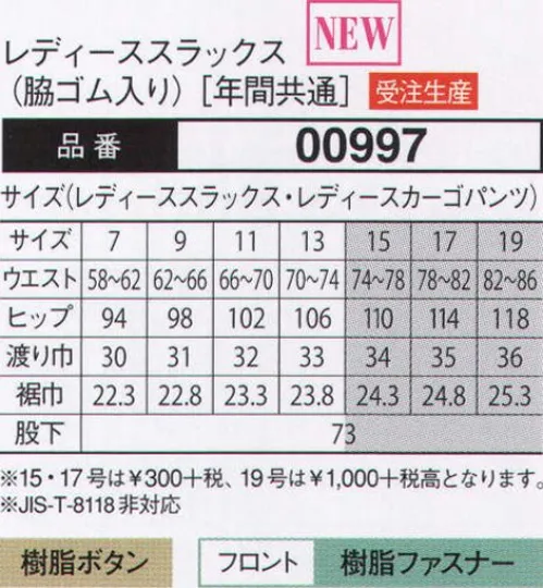 大川被服 00997 レデクーススラックス（00997）(受注生産) 企業イメージを高める美しい光沢と裏綿ならではのやさいい肌ざわりを実現。一世を風靡した裏綿素材を使った、着心地の快適性にすぐれた商品です。肌面は多く配置することにより、肌触りがよく疲れの来ない着心地を実現。表面はポリエステル100％なので、美しい光沢感があり、企業イメージを上品に高めてくれます。※この商品は受注生産になります。ご注文後のキャンセル、返品及びほかの商品との交換ができませんのでご注意くださいませ。なお、受注生産品のお支払い方法は、代金引換以外の先振込のみで承っております。ご入金の確認が出来次第手配をさせていただきます。 サイズ／スペック