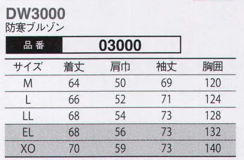 大川被服 03000 防寒ブルゾン(DW3000) 冬のワークシーンをスタイリッシュに演出。誇り高きワーカー達へ発信する軽防寒「DW3000」シリーズ。着膨れしないスタイリッシュなタイトデザイン。タイトデザインによる袖付け部分の窮屈感を袖下マチを入れることにより、緩和し腕の動きを軽やかに。裏をキルト仕様にすることで保温性にも優れ、衿裏に起毛トリコットを使用し、屋外着用時の首のひんやり感を解消。袖口・裾部分をリブにすることにより、風や寒さをシャットアウトする防寒ウエア。是非、この商品と共に冬をスタイリッシュに戦ってみませんか！ サイズ／スペック