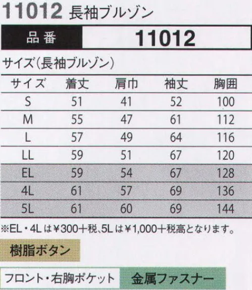 大川被服 11012 長袖ブルゾン（11012） 天が二物を与えた作業服。ダイリキの作業服の多くは、クラシックモダンをテーマに作られています。この商品はそのテーマに乗りつつも、上品でワイルドという相反する二面性をもつ商品に仕上がってます。もしジェームズ・ボンドが作業服を着るならこの商品が最も似合うことでしょう。胸と袖口にほどこしたシークレット反射テープは、普段は服と同色のため、反射材とは分からないでしょうが、夜の暗闇では力を発揮してくれます。全ての人から愛されるカッコいい作業服。ダイリキカタログの定番商品のなかでキングとなってほしいと願いを込めて「定王」という名前を付けています。※「4 アースグリーン」は10月販売予定です。 サイズ／スペック