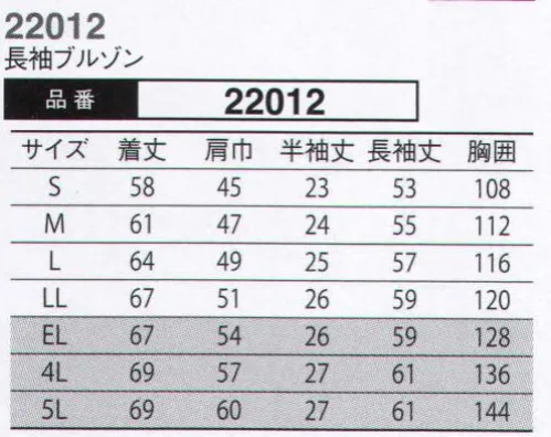 大川被服 22012 長袖ブルゾン(22012) 麻の優れた通気性で暑さを乗り切る。一般カジュアルやフォーマルの世界ではよく用いられている素材の麻。綿などの他の繊維ではマネ出来ない通気性と光沢。素材はとても強く、昔から通気性と強度を兼ね備えた麻袋としてコーヒー豆を運んでいたのは、あまりにも有名。東レの技術がポリエステルと綿と麻を一つの生地に仕上げてくれました。（東レ・日本製素材使用）「麻繊維のメリットでワークシーンを応援！」●通気性が良い。●吸水性に優れる。●光沢があり、引っ張りに強い。●水に濡れると強度が増すため、洗濯に強い。 大川被服は夏の天然繊維の代表格、麻を使った作業服「ダイリキ」22011シリーズをイチ押し商品として打ち出す。ここ4から5年は猛暑が続く夏の労働環境の現場ではあるが、22011シリーズを着ると少しでも涼しく感じられ、洗濯性の良い素材を使っていることから清潔感も維持しやすい。 展示館では、”本物に勝るコピーなし”をテーマに、本物の作業服をユーザーに届ける方法を販社など取引先と商談する方針。商品では「KANSAI YAMAMOTO」シリーズのポロシャツを6品番で販売強化。肌触りを実感してもらう考えです。 サイズ／スペック