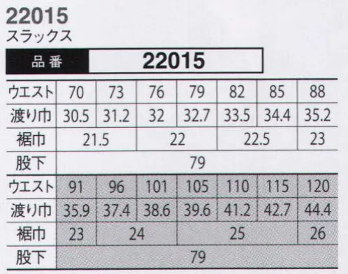 大川被服 22015 スラックス（22015） 麻の優れた通気性で暑さを乗り切る。一般カジュアルやフォーマルの世界ではよく用いられている素材の麻。綿などの他の繊維ではマネ出来ない通気性と光沢。素材はとても強く、昔から通気性と強度を兼ね備えた麻袋としてコーヒー豆を運んでいたのは、あまりにも有名。東レの技術がポリエステルと綿と麻を一つの生地に仕上げてくれました。（東レ・日本製素材使用）「麻繊維のメリットでワークシーンを応援！」●通気性が良い。●吸水性に優れる。●光沢があり、引っ張りに強い。●水に濡れると強度が増すため、洗濯に強い。 大川被服は夏の天然繊維の代表格、麻を使った作業服「ダイリキ」22011シリーズをイチ押し商品として打ち出す。ここ4から5年は猛暑が続く夏の労働環境の現場ではあるが、22011シリーズを着ると少しでも涼しく感じられ、洗濯性の良い素材を使っていることから清潔感も維持しやすい。 展示館では、”本物に勝るコピーなし”をテーマに、本物の作業服をユーザーに届ける方法を販社など取引先と商談する方針。商品では「KANSAI YAMAMOTO」シリーズのポロシャツを6品番で販売強化。肌触りを実感してもらう考えです。 サイズ／スペック