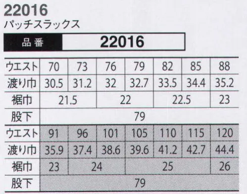 大川被服 22016 カーゴパンツ（22016） 麻の優れた通気性で暑さを乗り切る。一般カジュアルやフォーマルの世界ではよく用いられている素材の麻。綿などの他の繊維ではマネ出来ない通気性と光沢。素材はとても強く、昔から通気性と強度を兼ね備えた麻袋としてコーヒー豆を運んでいたのは、あまりにも有名。東レの技術がポリエステルと綿と麻を一つの生地に仕上げてくれました。（東レ・日本製素材使用）「麻繊維のメリットでワークシーンを応援！」●通気性が良い。●吸水性に優れる。●光沢があり、引っ張りに強い。●水に濡れると強度が増すため、洗濯に強い。 大川被服は夏の天然繊維の代表格、麻を使った作業服「ダイリキ」22011シリーズをイチ押し商品として打ち出す。ここ4から5年は猛暑が続く夏の労働環境の現場ではあるが、22011シリーズを着ると少しでも涼しく感じられ、洗濯性の良い素材を使っていることから清潔感も維持しやすい。 展示館では、”本物に勝るコピーなし”をテーマに、本物の作業服をユーザーに届ける方法を販社など取引先と商談する方針。商品では「KANSAI YAMAMOTO」シリーズのポロシャツを6品番で販売強化。肌触りを実感してもらう考えです。 サイズ／スペック