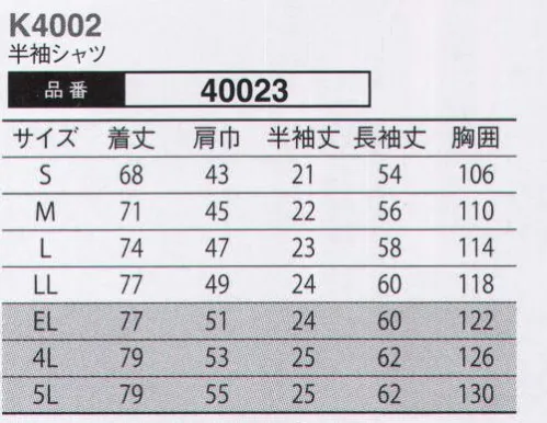 大川被服 40023 半袖シャツ(K4002) 時代に流されない、本物志向のユニフォーム。本物に勝るコピーは無い！時代とともに移り変わる流行。中には2・3年で姿を消すユニフォームもある。当社における本物の定義は、10年後に振り返って「着てよかった」と思える服。次の10年に向かって最新の型紙を採用しておりますので、2014年現在で最新仕様になります。ユニフォームは会社の顔や看板にもなる場合があります。そんなお手伝いができるユニフォームに仕上げております。また、生地は空気の通気量が当社基準で最大の物を採用しています。透けて見える清涼感を持ちながら、高い洗濯性を誇ります。（クラレトレーディング・日本製素材使用） サイズ／スペック