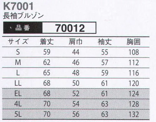 大川被服 70012 長袖ブルゾン(K7001) 接客において重要な、第一印象のために。目は口ほどにものを言う。いつも何気なしに着用しているユニフォーム。しかし、そのユニフォームはお客様へ物を言わないメッセージを発信しています。誠意・礼儀・清潔・丁寧・感謝・努力・親しみ・その他多くの発信するメッセージが第一印象となりお客様に伝わります。そんな接客を伴う作業をされる皆様に向けて、開発をした商品です。夏場の通気性や洗濯性はもちろんの事、嫌な臭いを抑えてくれる消臭テープを採用しています。JIS-T-8118適合。エコマーク認定のコンプリートモデルです。(クラレトレーディング・日本製素材使用） サイズ／スペック