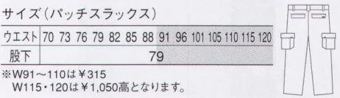 大川被服 74706 アクトカーゴパンツ（74706） しなやかな動きが冴える爽快アクティブモード。左右の後ポケットは、スマートに収納できるインフラップを採用。通常サイズより大きめなデカパッチ！収納力に自信あり。また、すっきりシルエットでスマートに履きこなせます。 サイズ／スペック