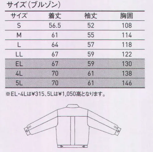 大川被服 79902 ブルゾン（79902） 強くて、汚れない、最強アイテム。しかも、エコノミー＆エコロジー仕様。丈夫で汚れにくい生地を採用し、長期間にわたって繰り返し着用いただけるワークウェア。そのため、ランニングコストを抑えることができ、お財布にも、環境にも優しい最強のエコ作業服。●動きスムーズ バックセンター埔里＾ツ。腕を左右に動かしたときに生じる背中のつっぱりを解消し、肩甲骨の動きをスムーズにするゆとりの仕様。●汚れをはじく防汚加工。すぐれた撥水加工により汚れをしっかり弾いて清潔な着心地をキープ。※「3 グレー」は、販売を終了致しました。 サイズ／スペック