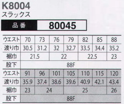 大川被服 80045 スラックス(K8004) プロのワークシーンに元気と情熱を発信。昔よりも個々の能力が求められる昨今。例えば、配達・設置・集金・受注・メンテナンスを一人で行うケースもある。運転手ではなく、売ると運ぶが合体した「セールスドライバー」という言葉が生まれるほどに。そんな一人何役もこなす方に対し、開発をした商品になります。デザイナー 山本寛斎の服は、持ち味である元気や情熱を絶えず発信して、好印象を与え仕事を成功に導いてくれることでしょう。生地にストレッチがきいているので、激しい作業時にもあなたをサポートしてくれます。あらゆるエキスパートの皆様に最適のユニフォームです。JIS-T-8118適合 エコマーク認定商品。（クラレトレーディング・日本製素材使用） サイズ／スペック