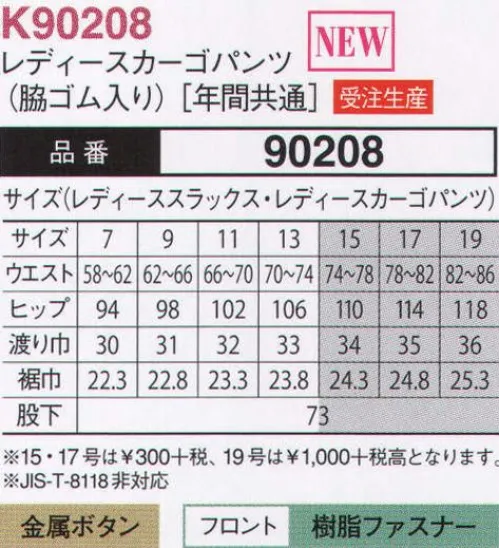 大川被服 90208 レディースカーゴパンツ（K90208）(受注生産) KANSAI 山本寛斎≪汚れに強く、現場感覚にすぐれた機能と寛斎カラーで、クリーンを発信≫ 山本寛斎ならではの色彩感覚が遺憾なく発揮された、独自性のあるカラーバリエーションが魅力の商品です。撥水・防汚加工を施することで汚れにも強い現場感覚にすぐれた機能も発揮し、絶妙のカラーリングと相まって見た目にもクリーンなイメージを発信しています。ワークウエアである基本的な機能を押さえた、寛斎ブランドでも人気のシリーズです。〔クラレトレーディング 日本製素材使用〕※この商品は受注生産になります。ご注文後のキャンセル、返品及びほかの商品との交換ができませんのでご注意くださいませ。なお、受注生産品のお支払い方法は、代金引換以外の先振込のみで承っております。ご入金の確認が出来次第手配をさせていただきます。 サイズ／スペック