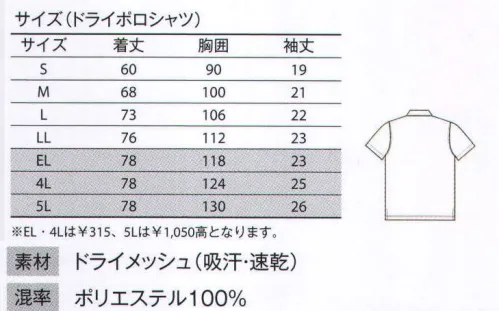 大川被服 91900 ドライポロシャツ（QZERO-91900） “いつも即効サラサラ、汗・水に自信あり” 十字断面の糸がすばやく吸汗・速乾。独自の機能・構造により、すばやく吸汗、湿気を衣服の外に排出し蒸発させます。この優れた換気システムにより衣服内の湿度と外気がいつも循環し、発汗しても快適な状態に保ちます。 ポリエステル100％だから形態安定性に優れています。作業服とマッチするカラーをチョイス。見た目にも涼しい全4色です。 サイズ／スペック