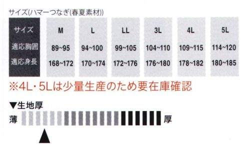 大川被服 HM4310 ハマーつなぎ(春夏素材)  サイズ／スペック