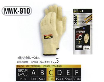 おたふく手袋 MWK-910 耐切創手袋 7G（5双入） スタンダードな7ゲージ編みの耐切創手袋●MWK™進化した耐切創アラミド手袋、その名も「MWK」。その最大の特長は、アラミドとステンレスワイヤーを編み込み、アラミド100％だけでは発揮できなかった「耐切創性」の向上。そして綿やポリウレタンなどの様々な繊維を組み合わすことで肌触りの良い「着用感」、手にフィットする「作業性」、「コストパフォーマンス」に優れるアラミド手袋となった。様々な工場・用途に合わせた豊富なバリエーションで労働災害・切創事故の抑制に一役を担う、アラミド手袋ブランド。※5双入り。※この商品はご注文後のキャンセル、返品及び交換は出来ませんのでご注意下さい。※なお、この商品のお支払方法は、先振込（代金引換以外）にて承り、ご入金確認後の手配となります。