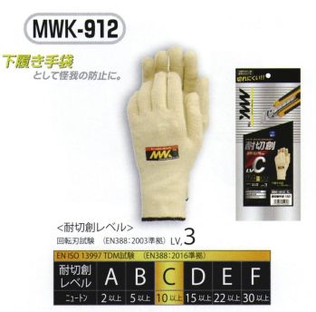 おたふく手袋 MWK-912 耐切創手袋 13G（5双入） 細かな作業や下履き用として。●MWK™進化した耐切創アラミド手袋、その名も「MWK」。その最大の特長は、アラミドとステンレスワイヤーを編み込み、アラミド100％だけでは発揮できなかった「耐切創性」の向上。そして綿やポリウレタンなどの様々な繊維を組み合わすことで肌触りの良い「着用感」、手にフィットする「作業性」、「コストパフォーマンス」に優れるアラミド手袋となった。様々な工場・用途に合わせた豊富なバリエーションで労働災害・切創事故の抑制に一役を担う、アラミド手袋ブランド。※5双入り。※この商品はご注文後のキャンセル、返品及び交換は出来ませんのでご注意下さい。※なお、この商品のお支払方法は、先振込（代金引換以外）にて承り、ご入金確認後の手配となります。