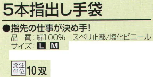 おたふく手袋 477 5本指出し手袋(10双入) 手先を使い作業に最適！指先手袋。指先の仕事が決め手！10ゲージスベリ止め付薄手タイプ。※10双入り。※この商品はご注文後のキャンセル、返品及び交換は出来ませんのでご注意下さい。※なお、この商品のお支払方法は、前払いにて承り、ご入金確認後の手配となります。 サイズ／スペック