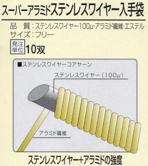 おたふく手袋 815 スーパーアラミド ステンレスワイヤー入手袋(10双入) 安全構造のハイテク手袋。更に強力！ステンレスワイヤー+アラミド。安全、強力、驚異の繊維アラミド。ハードな現場の要求に答え、耐久性が高く経済的！●耐切創性に優れ綿の数倍の強さを誇る。●敏感な手の動きを損なわない柔軟性、耐久性。●一般作業に伴う危険防止労働災害防止に。※ご注意※・耐切創性に優れていますが、先の鋭いものによる突き刺し防止効果はありません。・お洗濯の際に漂白剤のご使用はお避けください。洗濯後は陰干ししてください。※10双入り。※この商品はご注文後のキャンセル、返品及び交換は出来ませんのでご注意下さい。※なお、この商品のお支払方法は、先振込（代金引換以外）にて承り、ご入金確認後の手配となります。 サイズ／スペック