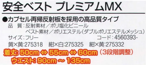 おたふく手袋 9021-7 安全ベスト プレミアムMX 使い易さを極限まで追求。カプセル再帰反射板を採用の高品質タイプ。縦にも横にもサイズ調整が可能になりました！着丈調節可能。マジック付サイドアジャスター。着丈:50cm⇔55cm⇔60cm(3段階調整)ウエスト:90cm～135cm破れにくいダブルメッシュタイプ。※この商品はご注文後のキャンセル、返品及び交換は出来ませんのでご注意下さい。※なお、この商品のお支払方法は、前払いにて承り、ご入金確認後の手配となります。 サイズ／スペック