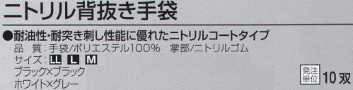 おたふく手袋 A-32 ニトリル背抜き手袋(10双入) タフなプロ向き背抜きグローブ。耐油性・耐突き刺し性能に優れたニトリルコートタイプ。【ニトリルゴム】突き刺しや引き裂きに強く、油や薬品にも強い！手袋にはフィット性の高いものを使い、掌部に低温下でも固くなりにくくしなやかなニトリルゴムをコーティング。通気性がよくゴム部分はグリップ力、スベリ止め効果に優れた作業性の高い手袋です。※10双入り。※この商品はご注文後のキャンセル、返品及び交換は出来ませんのでご注意下さい。※なお、この商品のお支払方法は、前払いにて承り、ご入金確認後の手配となります。 サイズ／スペック
