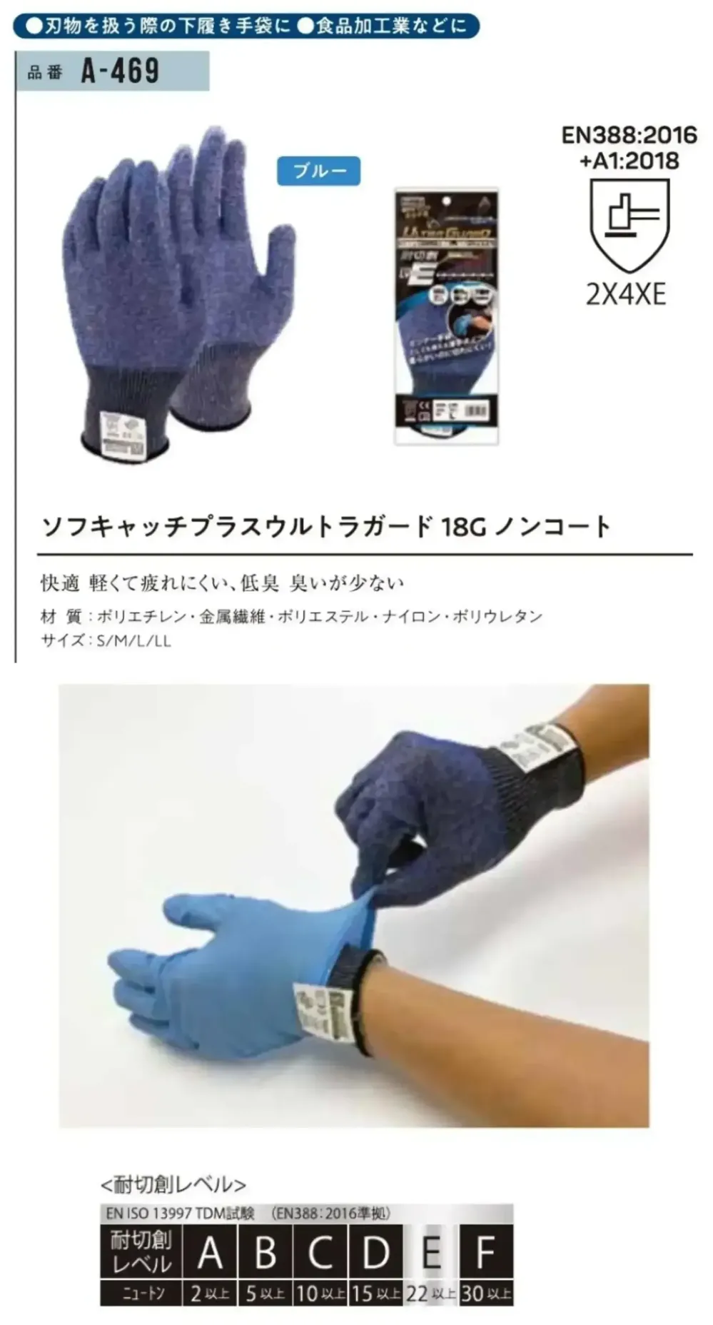 おたふく手袋 A-469 ソフキャッチプラスウルトラガード 18G ノンコート（5双入） サイズ・スペック