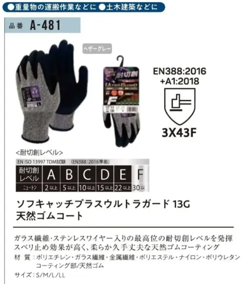 おたふく手袋 A-481 ソフキャッチプラスウルトラガード 13G 天然ゴムコート(5双入) サイズ/スペック