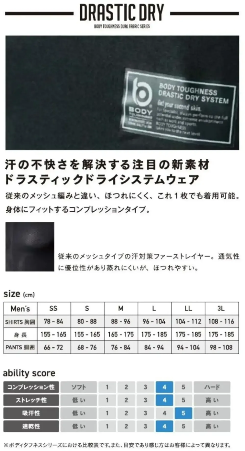 おたふく手袋 JW-579 BT ドラスティックドライ 前開きロングパンツ サイズ・スペック