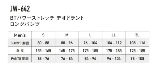 おたふく手袋 JW-642 BTパワーストレッチ デオドラント ロングパンツ BODY TOUGHNESS®WORKING/SPORTS WEARGENUINE QUALITY EST.2008冷感+全面消臭冷感・吸汗速乾の異形断面繊維「CROSS COOL®」に全面消臭をプラス。ほどよいコンプレッションが身体にフィットし動きをサポートする。接触冷感+吸汗速乾高い接触冷感機能と吸汗速乾機能を発揮する「クロスクール®」を使用。繊維の形状による効果のため、洗濯を繰り返しても性能が大きく落ちることがなく、ひんやり爽やかな着心地が持続します。全面消臭消臭タイプのポリウレタン糸を使用し、ウェアの全域で消臭効果を発揮。※この商品はご注文後のキャンセル、返品及び交換は出来ませんのでご注意ください。なお、この商品のお支払方法は、前払いにて承り、ご入金確認後の手配となります。 サイズ／スペック