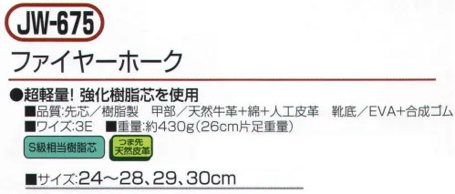 おたふく手袋 JW-675 ファイヤーホーク 超軽量！強化樹脂芯を使用。柔軟で強い帆布地採用。油に強い特殊靴底。EVAミッドソールで衝撃吸収力UP↑軽量強化S級相当樹脂先芯使用。屈曲性抜群。●S級相当樹脂先芯。JIS規格S級に相当する耐圧迫性と耐衝撃性能を兼ね備えた樹脂製先芯を使用。●つま先天然皮革。負担の大きいつま先部分に丈夫な天然牛革を使用。※この商品はご注文後のキャンセル、返品及び交換は出来ませんのでご注意下さい。※なお、この商品のお支払方法は、先振込（代金引換以外）にて承り、ご入金確認後の手配となります。 サイズ／スペック