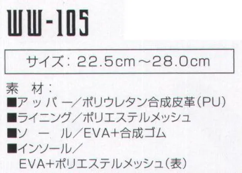 おたふく手袋 WW-105 ワイドウルブズ イノベート 今回の自社開発の耐滑ソールは、デザインだけでは終われないワイドウルブスの進化の象徴である。デイリーユースとしての高い評価を受けても、こだわりはあくまでもワークシーン。非常に高い耐滑機能に優れ、耐油性能と、軽量化という機能を手に入れワイドウルブスは新たなフィールドへ・・・。●JSAAの基準をクリアした耐滑性能を発揮します。●アウトソールに耐油性能を持たせています(合成ゴム部分のみです)。●従来のワイドウルブスに比べ、約15％の軽量化に成功しました。※この商品はご注文後のキャンセル、返品及び交換は出来ませんのでご注意下さい。※なお、この商品のお支払方法は、先振込（代金引換以外）にて承り、ご入金確認後の手配となります。 サイズ／スペック