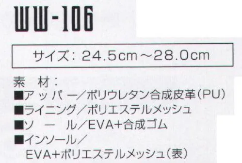 おたふく手袋 WW-106 ワイドウルブズ イノベート 今回の自社開発の耐滑ソールは、デザインだけでは終われないワイドウルブスの進化の象徴である。デイリーユースとしての高い評価を受けても、こだわりはあくまでもワークシーン。非常に高い耐滑機能に優れ、耐油性能と、軽量化という機能を手に入れワイドウルブスは新たなフィールドへ・・・。●JSAAの基準をクリアした耐滑性能を発揮します。●アウトソールに耐油性能を持たせています(合成ゴム部分のみです)。●従来のワイドウルブスに比べ、約15％の軽量化に成功しました。※この商品はご注文後のキャンセル、返品及び交換は出来ませんのでご注意下さい。※なお、この商品のお支払方法は、先振込（代金引換以外）にて承り、ご入金確認後の手配となります。 サイズ／スペック