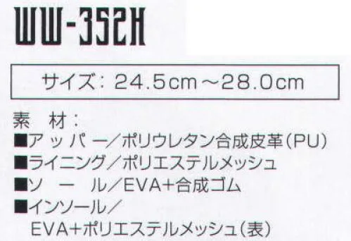 おたふく手袋 WW-352H ワイドウルブス イノベート  今回の自社開発の耐滑ソールは、デザインだけでは終われないワイドウルブスの進化の象徴である。デイリーユースとしての高い評価を受けても、こだわりはあくまでもワークシーン。非常に高い耐滑機能に優れ、耐油性能と、軽量化という機能を手に入れワイドウルブスは新たなフィールドへ・・・。●JSAAの基準をクリアした耐滑性能を発揮します。●アウトソールに耐油性能を持たせています(合成ゴム部分のみです)。●従来のワイドウルブスに比べ、約15％の軽量化に成功しました。※この商品はご注文後のキャンセル、返品及び交換は出来ませんのでご注意下さい。※なお、この商品のお支払方法は、前払いにて承り、ご入金確認後の手配となります。 サイズ／スペック