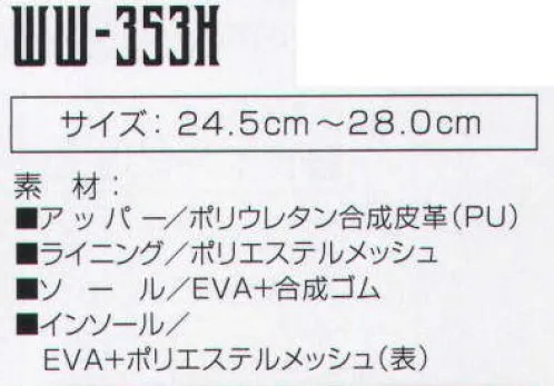 おたふく手袋 WW-353H ワイドウルブス イノベート  今回の自社開発の耐滑ソールは、デザインだけでは終われないワイドウルブスの進化の象徴である。デイリーユースとしての高い評価を受けても、こだわりはあくまでもワークシーン。非常に高い耐滑機能に優れ、耐油性能と、軽量化という機能を手に入れワイドウルブスは新たなフィールドへ・・・。●JSAAの基準をクリアした耐滑性能を発揮します。●アウトソールに耐油性能を持たせています(合成ゴム部分のみです)。●従来のワイドウルブスに比べ、約15％の軽量化に成功しました。※この商品はご注文後のキャンセル、返品及び交換は出来ませんのでご注意下さい。※なお、この商品のお支払方法は、前払いにて承り、ご入金確認後の手配となります。 サイズ／スペック