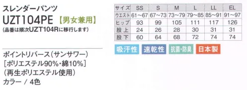 アカシエスユーシー UZT104R スレンダーパンツ やさしくあふれるパステルカラーのラインアップ。見る人、着る人の心をやさしく包み込みます。体の動きにフィットする裾フライスのボトム。※この商品は、旧品番「UZT104PE」になります。 サイズ／スペック