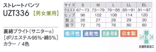 アカシエスユーシー UZT336 ストレートパンツ 右腰にストラップをつけるタブ付き。ウエスト調節可能な紐付き。 サイズ／スペック