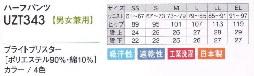 アカシエスユーシー UZT343 ハーフパンツ しっかり洗濯しても丈夫なハーフパンツ。身体の動きを妨げないスリット入り。※「4 サックス」「11 パープル」「90 ピンク」は、販売を終了致しました。 サイズ／スペック