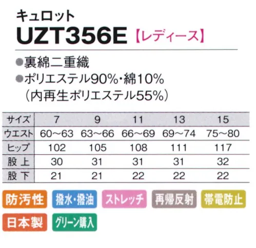 アカシエスユーシー UZT356E キュロット 後ろポケット部分に「介護犬テンダー」のネーム付き、夜間の外出にも安全な再帰反射素材です。多機能な素材を使用したキュロット。動きやすく、裏地も付いています。エコ素材を使用した環境にやさしいグリーン購入対応の国産エコ・マーク商品です。※「17号」は、販売を終了致しました。 サイズ／スペック