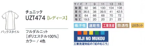 アカシエスユーシー UZT474 チュニック ショールカラーが女性らしい、着丈長めのチュニックタイプ。収納に便利な胸＆脇ポケット付き。優しい印象のショールカラー。ニットパイピングがアクセント。全開ファスナーで着脱ラクラク。素材「フルダルニット」は優れたストレッチ性のあるニット素材です。フルダル糸を使用し防透性・UVカットの快適機能付きです。耐洗濯性に優れているため、いつもキレイな印象をキープします。 サイズ／スペック