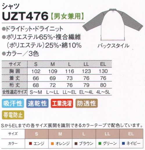 アカシエスユーシー UZT476 シャツ 着る方の気持ちに配慮した優しい患者衣選べる3色のドット柄。オシャレな印象のドット柄。インナーの透けやラインが目立ちにくくなる視覚効果もあります。サイズを識別しやすいカラーテープ付。 サイズ表