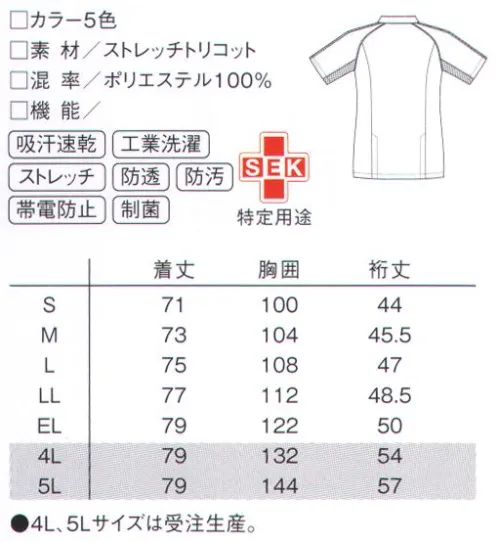 ルコックスポルティフ UQM1001 メンズジャケット 5色のメンズ医師・看護師ジャケット。清潔感のあるスタンドカラー。●動かすことの多い肩部分は立体裁断で、さらにメッシュを使用し、通気を促し快適です。 ●汗をかきやすい脇下にメッシュ素材を使用。ムレを軽減し、汗ジミも防ぎます。 ●両脇ポケットは2重ポケットになっており、必要なものを整理して入れられます。 ●胸ポケットには内側にシリコンラバーをライン使いし、ペンなどのズレ落ちを防ぎます。 ●ソフト＆ストレッチ＋吸水速乾動きを心地よくサポートする快適機能。伸縮性とやさしい肌触りを合わせ持つストレッチトリコット。吸水速乾性・防透け性を発揮し、さらに汚れが落ちやすく、制菌性、帯電防止性を備えています。  ●ラグランスリーブストレスフリーで動きやすい立体裁断。最もよく動く肩部分を立体裁断のラグランスリーブに仕上げています。あらゆる動きに心地よくフィット。動作をストレスなくスムーズに行え、スマートなスタイルをキープします。●アンダーアームメッシュ汗をかきやすい部分に快適な通気性。激しい動きによるウェアのムレ感は不快なもの。汗をかきやすい脇下部をストレッチメッシュにすることで、通気性をアップさせています。  ●P-TOP肌に優しい安心仕様。フロントにコイルファスナーとプラスチックのファスナー止めを使用。金属製のファスナーと違い、肌に優しい仕様です。●ユーティリティポケット動きを妨げない便利な内ポケット。トップスの裾に備えたポケットの内側にはユーティリティポケットを。屈んだ際に邪魔にならないように外寄りに付いています。●あたたかみを感じさせる色合い白はホワイトではなく、バニラホワイト。青・緑も、それぞれ淡くやさしい印象の「アクアブルー」「ティーグリーン」を採用しています ※4L・5Lは受注生産となります。ご注文後のキャンセル・返品・交換ができませんので、ご注意下さい。※受注生産品のお支払方法は、先振込（代金引換以外）にて承り、ご入金確認後の手配となります。 サイズ／スペック