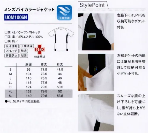 ルコックスポルティフ UQM1006N メンズバイカラージャケット サイドの切り替えでスタイリッシュに見えるデザイン。●左脇下にはPHSを収納可能なポケット付き。●右裾ポケットの内側には筆記用具等を整理して収納可能な小ポケット付き。●スムーズな腕の上げ下ろしを可能にし、裾が持ち上がらない立体裁断。【MOTION 3D】スポーツブランドの実力発揮。現場の声を活かした機能が随所に。着用者にも安心を、働く人の気持ちに応えます。ルコックスポルティフは、サッカー、ゴルフ、ランニング、サイクリングなど、数々のアスリートをバックアップしてきたフランス生まれのブランド。人間工学に基づき研究を重ねてきたテクノロジーは、大きな動作の多い医療現場で要求される「着心地」「機能」「耐久性」「品質」へと応用され、高基準の作業性を実現。伸びやかでしなやか、動く姿まで美しく見せる服。ルコックスポルティフはそんなメディカルウェアを目指します。・ラグランスリーブ腕の動きを妨げない立体裁断。最もよく動かす肩は立体裁断のラグランスリーブを採用。水の上げ下ろしをスムーズにサポートします。・背中まわりの立体裁断抱え込む動作のつっぱり感を軽減。移動などで抱きかかえることの多い看護の現場。背中まわりと肩から袖にかけてのつっぱり感を軽減する為、立体裁断を施しています。・ヒップカバーしゃがむ動作をサポート。美しいシルエットのパンツは、ヒップまわりの適度なゆとりで、しゃがむ動作をしっかりとサポート。見た目も作業効率もアップします。・すっきりウエスト軽快なウエストの動きを実現。大きな動きにも衣服が乱れずスタイルをキープ。それは、引きつりのないよう計算された、立体的なデザインであらゆる動きに対応しているから。※4L・5Lは受注生産となります。ご注文後のキャンセル・返品・交換ができませんので、ご注意下さい。※受注生産品のお支払方法は、先振込（代金引換以外）にて承り、ご入金確認後の手配となります。※この商品の旧品番は UQM1006 です。 サイズ／スペック