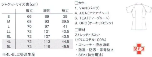 ルコックスポルティフ UQW1012 ジャケット ウエストにパイピングを施したベーシックモデル。●ソフト＆ストレッチ＋吸水速乾。動きを心地よくサポートする快適機能。軽くやわらかなストレッチトリコット素材。吸水速乾性があり、内側は点接触で肌に触れるため、常にサラッとした肌触り。防透け性、制菌性、帯電防止性もあります。 ●ラグランスリーブ。ストレスフリーで動きやすい立体裁断。最もよく動かす肩部分は、立体裁断のラグランスリーブに仕上げています。動きを妨げず、さらに縫い目も肌に触れないので気持ちよく働けます。 ●P-TOP。肌にやさしい安心仕様。フロントのファスナーには、コイルファスナーとプラスチックのファスナー止めを使用しています。金属製ではない肌にやさしい仕様です。 ●アンダーアームメッシュ。汗をかきやすい部分に快適な通気性。汗をよくかく脇下部分には、ストレッチメッシュ素材を採用しています。通気性があるのでムレ感を押さえ、汗ジミを防ぎます。 ●ユーティリティポケット。動きを妨げない便利な内ポケット。トップスの腰部分に備えたポケットには、内側に小さめのポケットも備えています。かがんだ際に邪魔にならないように、外よりに付いています。 ●4種のカラー。あたたかみを感じさせる色合い。白はホワイトではなく、バニラホワイト。青・緑・ピンクも、それぞれ淡くやさしい印象の「アクアブルー」「ティーグリーン」「オーキッドピンク」を採用しています。 ※4L・5Lは受注生産となります。ご注文後のキャンセル・返品・交換ができませんので、ご注意下さい。※受注生産品のお支払方法は、先振込（代金引換以外）にて承り、ご入金確認後の手配となります。※この商品の旧品番は「QNW1012」です。 サイズ／スペック