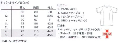 ルコックスポルティフ UQW1014 チェックテープジャケット フランス生まれのルコックスポルティフらしいチェックテープシリーズは、スポーティーで可愛らしい印象です。●右の胸ポケットは、通常よりもやや大きめのポケットになっています。 ●両腰ポリエステルは2重ポケットになっており、必要なものを整理して入れられます。 ●ジャケットの肩や腰ポケットのサイドに、デザインテープでアクセント。 ●ソフト＆ストレッチ＋吸水速乾動きを心地よくサポートする快適機能。軽くやわらかなストレッチトリコット素材。吸水速乾性があり、内側は点接触で肌に触れるため、常にサラッとした肌触り。防透け性、制菌性、帯電防止性もあります。 ●ラグランスリーブストレスフリーで動きやすい立体裁断。最もよく動かす肩部分は、立体裁断のラグランスリーブに仕上げています。動きを妨げず、さらに縫い目も肌に触れないので気持ちよく働けます。 ●P-TOP肌にやさしい安心仕様。フロントのファスナーには、コイルファスナーとプラスチックのファスナー止めを使用しています。金属製ではない肌にやさしい仕様です。 ●アンダーアームメッシュ汗をかきやすい部分に快適な通気性。汗をよくかく脇下部分には、ストレッチメッシュ素材を採用しています。通気性があるのでムレ感を押さえ、汗ジミを防ぎます。 ●ユーティリティポケット動きを妨げない便利な内ポケット。トップスの腰部分に備えたポケットには、内側に小さめのポケットも備えています。かがんだ際に邪魔にならないように、外よりに付いています。 ●4種のカラーあたたかみを感じさせる色合い。白はホワイトではなく、バニラホワイト。青・緑・ピンクも、それぞれ淡くやさしい印象の「アクアブルー」「ティーグリーン」「オーキッドピンク」を採用しています。 ※「6 ティーグリーン」は、販売を終了致しました。※4L・5Lは受注生産となります。ご注文後のキャンセル・返品・交換ができませんので、ご注意下さい。※受注生産品のお支払方法は、先振込（代金引換以外）にて承り、ご入金確認後の手配となります。 サイズ／スペック