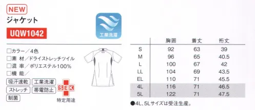 ルコックスポルティフ UQW1042 ジャケット 人気のバイカラージャケットに洗練された新商品がデビュー。切替えが流れるようなラインを描き、よりスタイルアップさせてくれます。低めのスタンドカラーが上品な印象に。◎右脇下にはPHSを収納可能なポケット付き。◎右脇には落とし物を防ぐ便利なキーループ付き。◎右裾ポケットの内側には筆記用具等を整理して収納可能な小ポケット付き。◎襟の切り替えがバックスタイルのおしゃれなポイント。◎スムーズな腕の上げ下ろしを可能にし、裾が持ち上がらない立体裁断。 サイズ／スペック