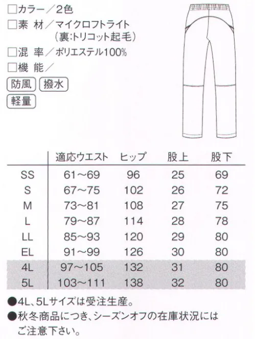 ルコックスポルティフ UZL5012 ブレーカーパンツ 膝裏切替で、動きやすさを追求したパターン。軽いのに、裏起毛でしっかり温かいのがうれしい。毎日、活躍するアイテムこそ、軽やかな動きをかなえる機能性と、ファッション感度の高さでモチベーションをアップ。フレンチデザインらしい小粋なカラーバリエと、スポーツブランドならではの技術を結集した素材。ルコックのハイクオリティは進化し続けています。マイクロフトライトサッと羽織れて、雨風をふせぐ快適アウター。優れた防風性能と撥水性能が風や雨をシャットアウト。衣服内はつねに快適に保つドライ性能。外側はソフトな風合いでしわになりにくく軽量。体を動かすときに気になるシャカシャカ音もありません。※「20 チャコール」は、販売を終了致しました。※4L、5Lは受注生産になります。※受注生産品につきましては、ご注文後のキャンセル、返品及び他の商品との交換、色・サイズ交換が出来ませんのでご注意ください。※受注生産品のお支払い方法は、先振込（代金引換以外）にて承り、ご入金確認後の手配となります。 サイズ／スペック