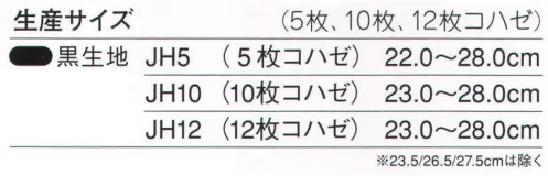 力王 JH5 実用地下足袋（5枚コハゼ） 軽快地下足袋（軽快地下たび）に防水性を持たせるため、甲布に特殊コーティングを施しました。河川工事やぬかるみでの作業に適した、実用一点張りの製品です。 ●力王“軽快地下”と“実用地下”の違い…軽快地下と実用地下は、共に土木・農作業に適していますが、実用地下は軽快地下に防水性と強度を持たせるために、つま先をゴム補強し、更に甲布に特殊コーティングを施しました。河川工事やぬかるみでの作業に、力をより発揮する商品になっております。 ※この商品はご注文後のキャンセル、返品及び交換は出来ませんのでご注意下さい。※なお、この商品のお支払方法は、先振込（代金引換以外）にて承り、ご入金確認後の手配となります。 サイズ／スペック