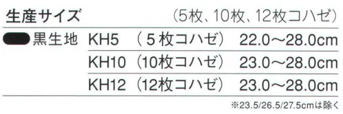 力王 KH5 軽快地下足袋（5枚コハゼ） お客様の声から生まれたもうひとつの跣足袋（はだしたび）。力王跣たびから受け継がれた豊富なラインアップ。「力王貼付たび」シリーズ。跣たびの姉妹品としてご提供する、軽快で堅牢な製品です。 ●力王“軽快地下”と“実用地下”の違い…軽快地下と実用地下は、共に土木・農作業に適していますが、実用地下は軽快地下に防水性と強度を持たせるために、つま先をゴム補強し、更に甲布に特殊コーティングを施しました。河川工事やぬかるみでの作業に、力をより発揮する商品になっております。 ※この商品はご注文後のキャンセル、返品及び交換は出来ませんのでご注意下さい。※なお、この商品のお支払方法は、先振込（代金引換以外）にて承り、ご入金確認後の手配となります。 サイズ／スペック